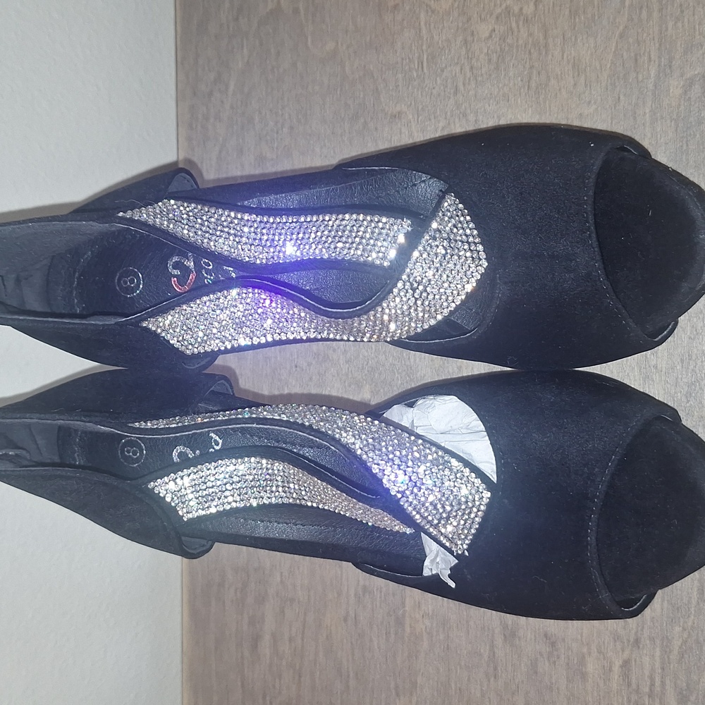 Elegant Black Peep-Toe Heels with Rhinestone Strap Size 8